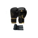 adidas Hybrid80 Boks Eldiveni 10 oz, Siyah-Altın, Dragondo Boks Bandajı 2'li Set, Unisex