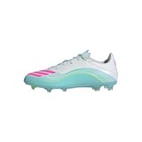 Adidas Unisex-Çocuk F50 Ligi Sağlam Zemin/Çok Zemin Futbol Kramponları (Küçük Çocuk/Büyük Çocuk), Beyaz/Lucid Pembe/Flaş Aqua, 9.5 Women/8.5 Men