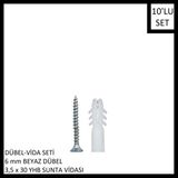 Adilon Dübel-Vida Seti, Beyaz Dübel 6 Mm, 3,5X30 Yhb Sunta Vidası, 10 Adet