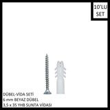 Adilon Dübel-Vida Seti, Beyaz Dübel 6 Mm, 3,5X35 Yhb Sunta Vidası, 10 Adet