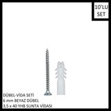 Adilon Dübel-Vida Seti, Beyaz Dübel 6 Mm, 3,5X40 Yhb Sunta Vidası, 10 Adet