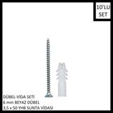 Adilon Dübel-Vida Seti, Beyaz Dübel 6 Mm, 3,5X50 Yhb Sunta Vidası, 10 Adet