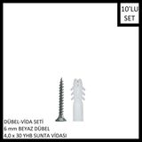 Adilon Dübel-Vida Seti, Beyaz Dübel 6 Mm, 4,0X30 Yhb Sunta Vidası, 10 Adet