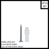 Adilon Dübel-Vida Seti, Beyaz Dübel 6 Mm, 4,0X35 Yhb Sunta Vidası, 10 Adet