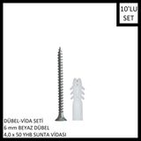 Adilon Dübel-Vida Seti, Beyaz Dübel 6 Mm, 4,0X50 Yhb Sunta Vidası, 10 Adet
