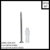 Adilon Dübel-Vida Seti, Beyaz Dübel 6 Mm, 4,0X60 Yhb Sunta Vidası, 10 Adet