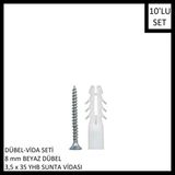 Adilon Dübel-Vida Seti, Beyaz Dübel 8 Mm, 3,5X35 Yhb Sunta Vidası, 10 Adet