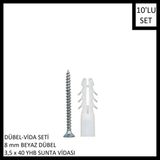 Adilon Dübel-Vida Seti, Beyaz Dübel 8 Mm, 3,5X40 Yhb Sunta Vidası, 10 Adet