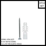 Adilon Dübel-Vida Seti, Beyaz Dübel 8 Mm, 3,5X45 Yhb Sunta Vidası, 10 Adet