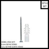 Adilon Dübel-Vida Seti, Beyaz Dübel 8 Mm, 3,5X50 Yhb Sunta Vidası, 10 Adet
