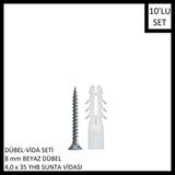 Adilon Dübel-Vida Seti, Beyaz Dübel 8 Mm, 4,0X35 Yhb Sunta Vidası, 10 Adet