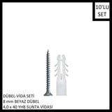 Adilon Dübel-Vida Seti, Beyaz Dübel 8 Mm, 4,0X40 Yhb Sunta Vidası, 10 Adet