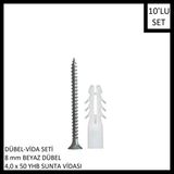 Adilon Dübel-Vida Seti, Beyaz Dübel 8 Mm, 4,0X50 Yhb Sunta Vidası, 10 Adet