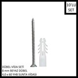 Adilon Dübel-Vida Seti, Beyaz Dübel 8 Mm, 4,0X60 Yhb Sunta Vidası, 10 Adet