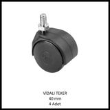 Adilon M8 (5/16) Vidalı Mobilya Tekerleği, 40 mm (4 Adet), Ofis Koltuk, Dolap, Etejer, 360 Derece Döner - Siyah