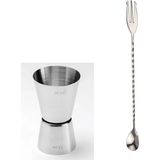 Adin Tasarım Çatallı Bar Kaşığı + Jigger 1.5/3 cl Kokteyl Ölçeği Bartender Bar Seti - Gümüş