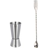 Adin Tasarım Çatallı Bar Kaşığı + Jigger 2.5/5 cl Kokteyl Ölçeği Bartender Bar Seti Kokteyl Karıştırma Kaşığı - Gümüş