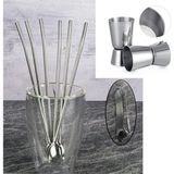 Adin Tasarım Jigger 2.5/5 cl + Kaşıklı Çelik Pipet 6lı + Fırça Kokteyl Karıştırıcı Kaşığı Bar Koktely Ölçeği