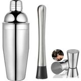 Adin Tasarım Kokteyl Hazırlama Seti 3lü Shaker 350 ml + 2/4 cl Jigger Bar Ölçek + Mojito Tokmağı Dişli Siyah