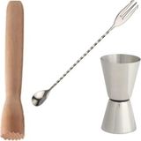 Adin Tasarım Kokteyl Seti 3lü Ahşap Mojito Tokmağı Jigger 1.5/3 cl Çatallı Bar Kaşığı Kokteyl Ölçeği Bartender