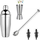 Adin Tasarım Kokteyl Seti 5 Parça Jigger 1.5/3 cl Tokmaklı Bar Kaşığı Shaker 350 ml Metal Şişe Dökücü 2li