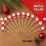 Adin Tasarım Noel Baba Yılbaşı Kürdan 50 Adet Renkli 12 cm Muffin Cupcake Pasta Süsü Yılbaşı Yeni Yıl Kürdanı