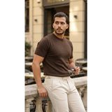 Adisia Erkek Basic Bisiklet Yaka Kısa Kollu Triko Tişört - %100 Pamuk Akrilik - Acı Kahve - 2XL