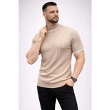 Adisia Erkek Fitilli Triko Dokuma Kısa Kol Tişört Yarım Boğaz Modern Yazlık T-Shirt - Bej