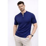 Adisia Erkek Kısa Kol Fitilli Triko T-Shirt Yazlık Hakim Yaka Tişört - Lacivert