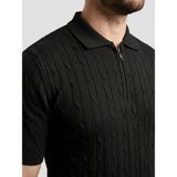 Adisia Erkek Yazlık Triko Saç Örgü Tişört Kısa Kol Polo Yaka Fermuarlı T-Shirt - Siyah