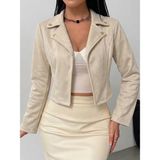Adisia Kadın Uzun Kollu Yakalı Önu Açık Düğme Detaylı Kısa Süet Ceket - 2XL - 3XL - Bej