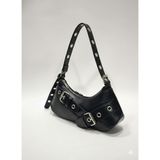 adissa collection Rocker - Tokalı Metal Halkalı Baget Çanta | Gümüş Aksesuarlı Punk Hobo - standart - Siyah