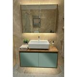 Adn Design Banyo Dolabı-Asma 2 Kapaklı-Lavabosuz Ahşap- Mdf 85 cm Alt Dolap -Mdf Aynalı Üst Dolap - Mat Retro Yeşil
