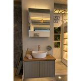 Adn Dizayn 80 cm Vizon Lake Banyo Dolabı Takımı | Masif Doğal Ahşap Tezgahlı | Aynalı Üst Dolap | 42 cm Lavabo - Vizon - Ahşap