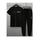 ADWAX Erkek Siyah Balance Baskılı Tshirt Siyah Yazlık Eşofman Takım