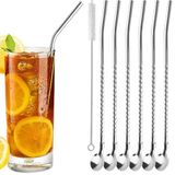 AEE® 7'li Paslanmaz Çelik Kaşıklı Metal Pipet Seti 6 Adet Pipet ve Pipet Temizleme Fırçası Cam Pipet