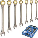 AEE® Professional 7 Parça Cırcırlı Kombine Açık Anahtar Seti | 72 Diş Ratchet Anahtar Takımı | 8-10-12-13-14-17-19 mm | CR-V Çelik | Otomotiv, Sanayi, Ev & Atölye Kullanımı İçin | Taşıma Çantalı