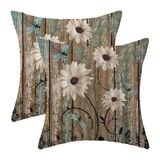AEIOAE Rustik Papatya Yastık Kılıfları 40 x 40 cm 2'li Set, Vintage Camgöbeği Yusufçuk Papatya Çiçekli Ahşap Tahta Dekoratif Kırlent Kılıfları Çiftlik Evi Bahar Çiçeği Dış Mekan Yastıkları Kanepe Ev