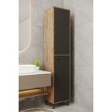 Aeka AE-2027 Lina 2 Kapaklı Çok Amaçlı Dolap 40X180 cm Raflı Dar Yüksek Boy Banyo Çok Bölmeli Depolama Dolabı - Atlantik Çam - Siyah