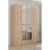 Aeka AE-3191 Burç Sonomo/sonomo Aynalı 4 Kapaklı Çok Bölmeli Askılı Raflı ve Çekmeceli 210X140X53CM Gardırop - Sonoma