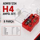 AEM10 1234 H4 Araç Ampul Seti 8 Parça - Compact Çantalı Evrensel Yedek Oto Ampul Kiti