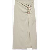 Aerobin Kumaş Drape Detaylı Taşlı Yırtmaçlı Midi Etek - Yeşil - 36