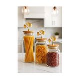 Aesco 3'lü Bambu Kapaklı Metal Ginkgo Figürlü Şeffaf Cam Kavanoz Şeffaf Cam Saklama Kabı 635/890/1400ML