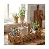 Aesco Buffer 3 Bölmeli Hasır Sepet Organizer Saplı, Mutfak Banyo Ofis Çok Amaçlı Düzenleyici, Plastik Rattan Kaşıklık Sepeti, 40X13X17 cm - 001-Renkli