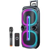 Aesco Coverzone Çekçekli Bluetooth Hoparlör Rgb LED Işıklı 40W Kablosuz Bluetooth Aux Tf Kart USB 10''*2 Subwoofer Boombox 1x Mikrofon Kumanda Boombox D-2101 - Adaçayı Yeşili