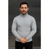 Aesco Erkek Balıkcı Yaka Bağazlı Triko Kazak Pamuklu Kalın Fitilli Dokuma, Regular Fit Uzun Kollu Kışlık Model - Gri - XL