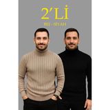 Aesco Erkek Fitilli Triko Kazak 2li Set Bej Siyah Regular Balıkcı Yaka Tam Boğazlı Triko Seti Modeli Kazak - Bej - Siyah