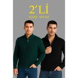 Aesco Erkek Fitilli Triko Kazak 2’li Set – Siyah - Haki Kalın Dokuma Pamuklu Regular Fit V Yaka Fermuarlı Uzun Kollu Rahat Kışlık Kazak Kombini