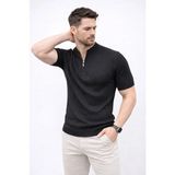 Aesco Erkek Kısa Kol Fitilli Triko T-Shirt Yazlık Hakim Yaka Tişört - Siyah - XL