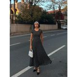 Aesco Kadın Kısa Kollu Bisiklet Yaka Puantiyeli Maksi Örme Krep Elbise - Siyah - S - M